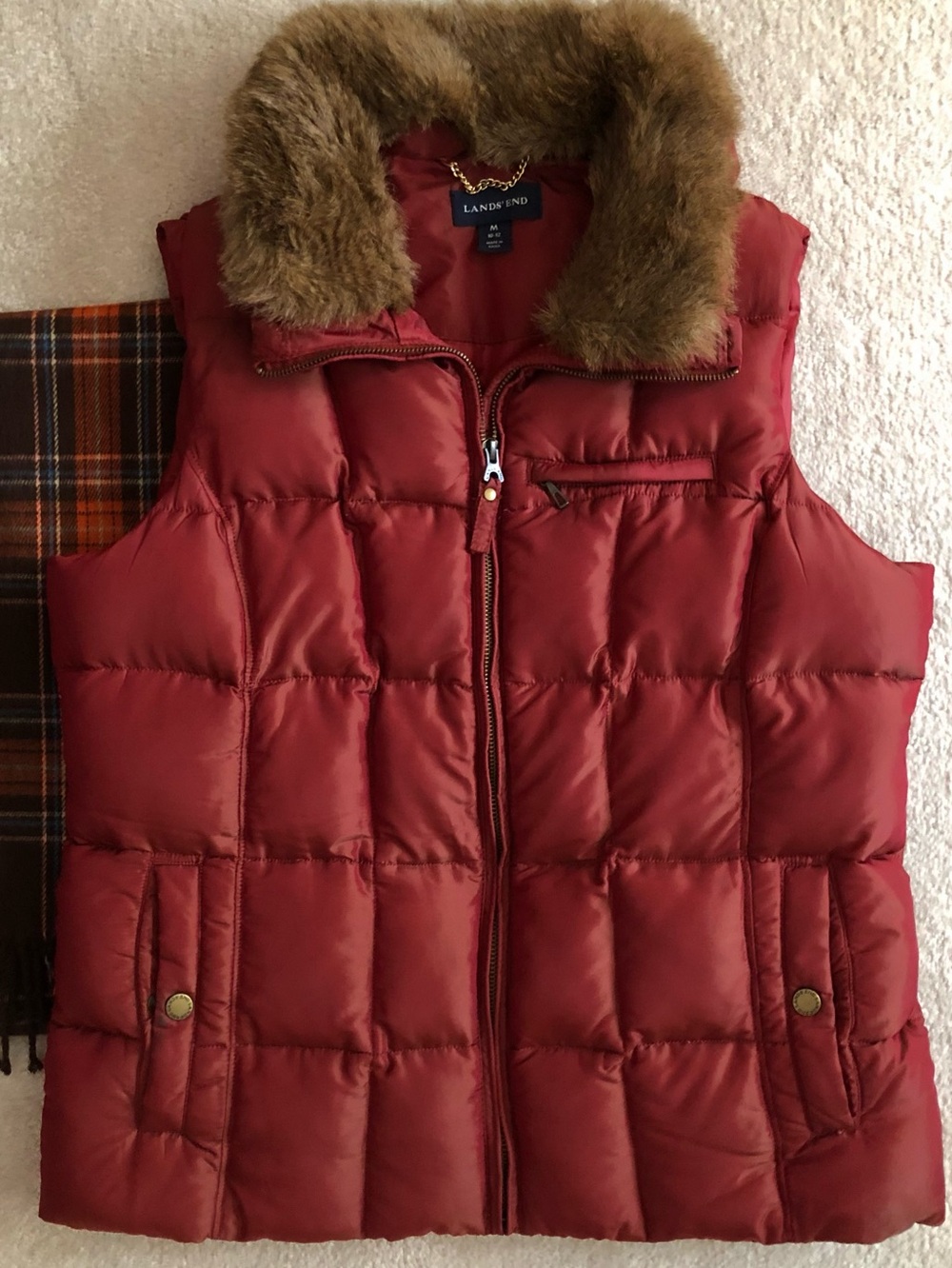 Land’s End Sienna Copper Faux Fur Collar Luxe Down Vest Size Medium